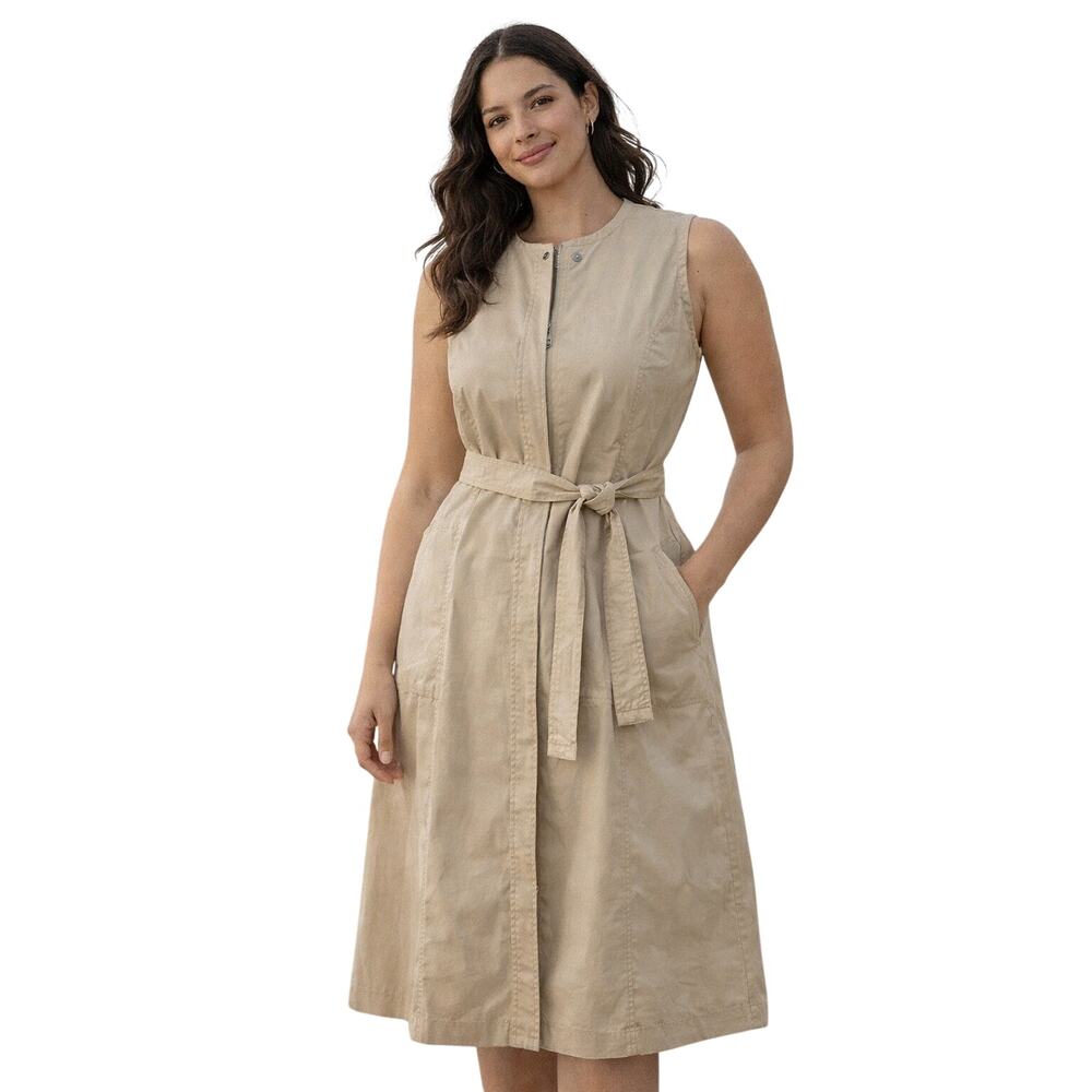 Derek Lam Collective Khaki Shirt Dress Belted Midi Sleeveless Cotton Stretch